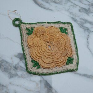 Handmade Crocheted Flower Potholder in Yellow, Green
